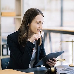 A woman sits at her desk speaking with someone online, a tablet in hand.