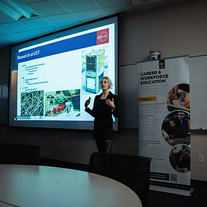 A presentation is given during the Middle Grades Career and Technical Education (CTE) Accelerator program.