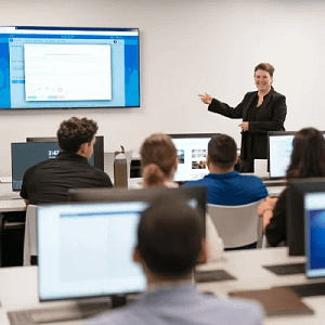 students in lecture with computer screens