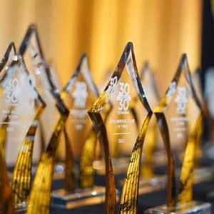 Group of Alumni Awards on table